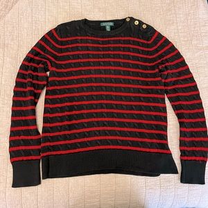 Ralph Lauren sweater, size M (runs small), black with red stripes, gold buttons